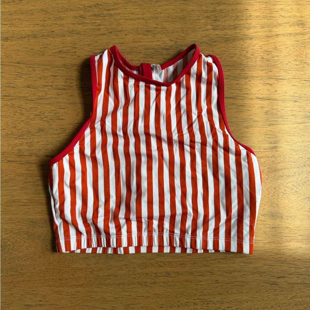 Red and White Striped High Neck Bikini Top